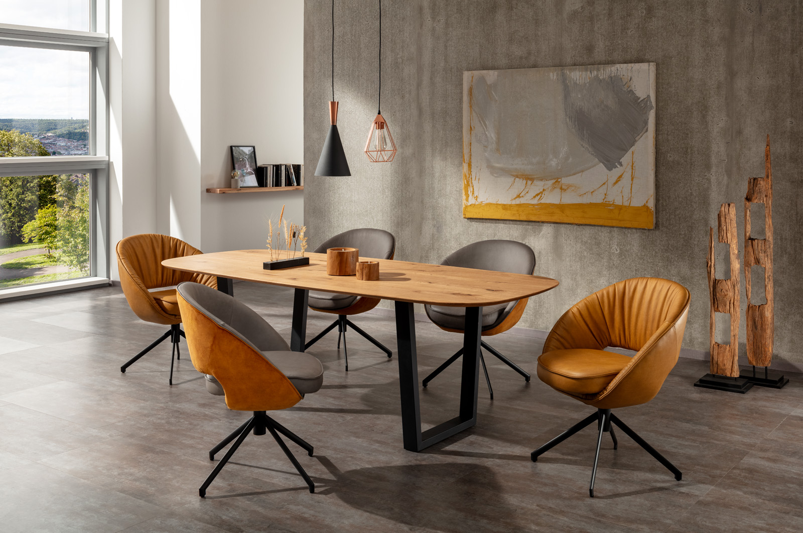 Lavida Tisch GERRIT auf schwarzen Kufen gepolsterte Sesselstühle Leder-Stoff-Kombination